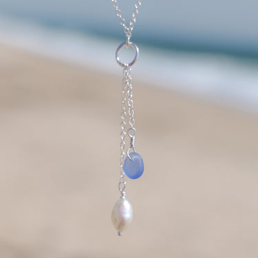Blue/Purple Sea Glass + Baroque Pearl Necklace